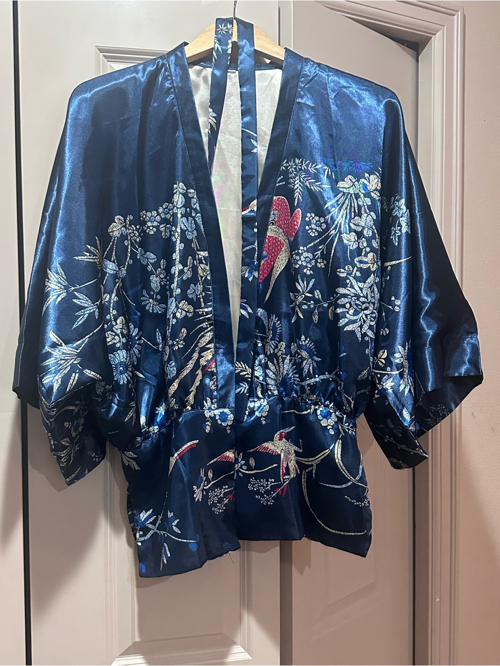 Navy Satin Floral Kimono Jacket